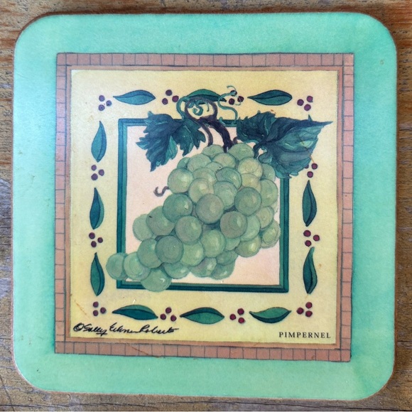 Set of 5 Vintage Pimpernel Fruit Theme Teal Border Cork Back Coasters 4 1/8” - Picture 4 of 8